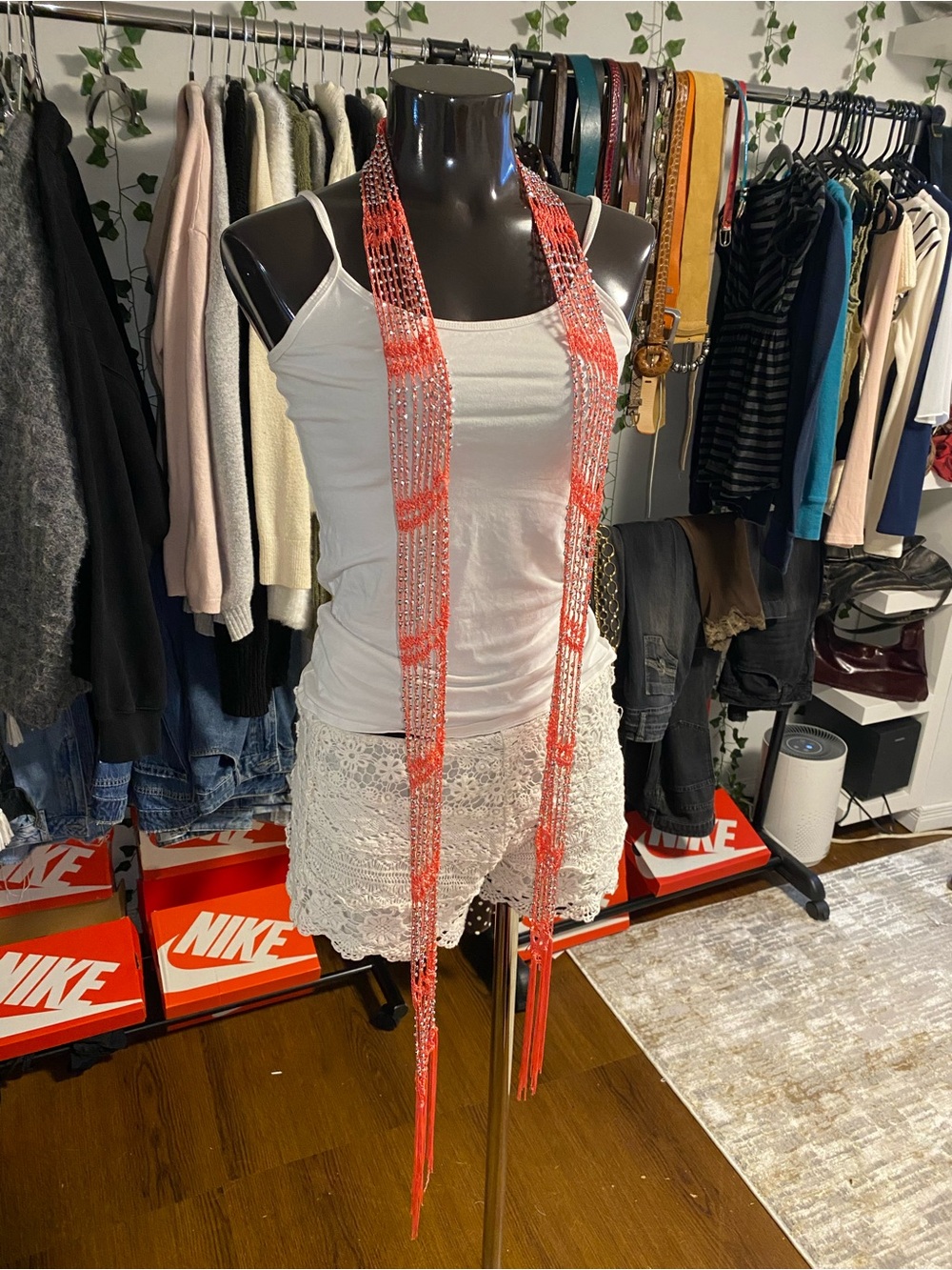 Y2K Coral Fringe Scarf with Silver Beads